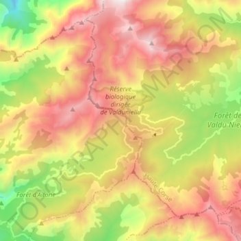Carte topographique Réserve biologique dirigée de Valduniellu, altitude, relief