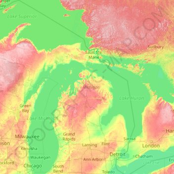 Carte topographique Michigan, altitude, relief