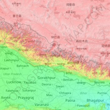 Carte topographique Népal, altitude, relief