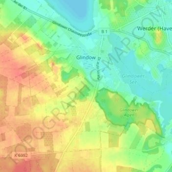 Carte topographique Glindow, altitude, relief