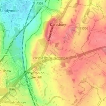 Carte topographique Daresbury, altitude, relief