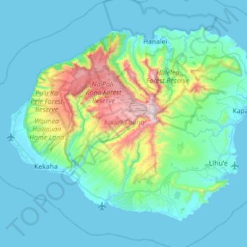 Carte topographique Kauaʻi, altitude, relief