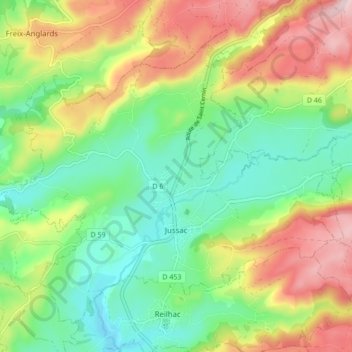 Carte topographique Jussac, altitude, relief