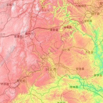 Carte topographique Qianxinan, altitude, relief