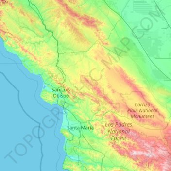 Carte topographique San Luis Obispo County, altitude, relief