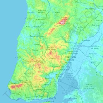 Carte topographique Lisbonne, altitude, relief