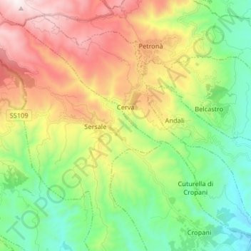Carte topographique Cerva, altitude, relief