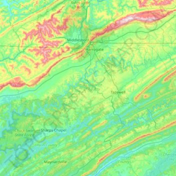 Carte topographique Claiborne County, altitude, relief