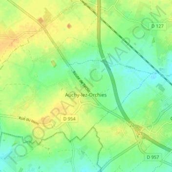 Carte topographique Auchy-lez-Orchies, altitude, relief