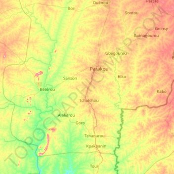 Carte topographique Tchaourou, altitude, relief