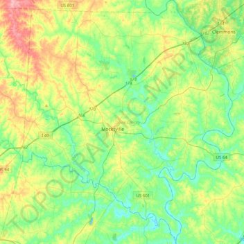 Carte topographique Davie County, altitude, relief