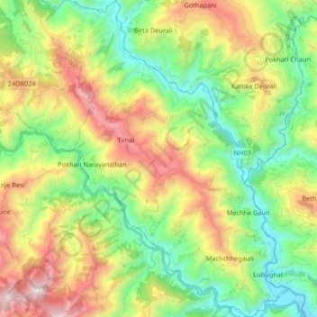 Carte topographique Temal, altitude, relief