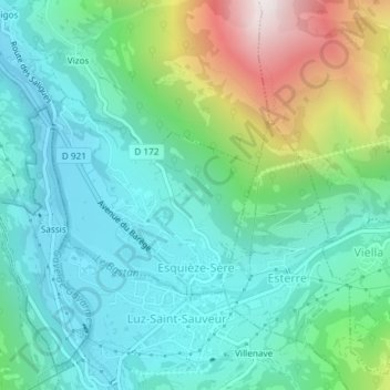 Carte topographique Esquièze-Sère, altitude, relief
