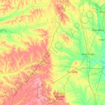 Carte topographique Tombigbee National Forest, altitude, relief