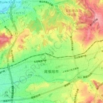 Carte topographique Owariasahi, altitude, relief