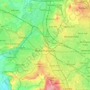 Carte topographique Wolverhampton, altitude, relief