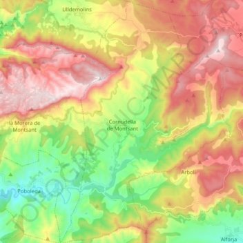 Carte topographique Cornudella de Montsant, altitude, relief