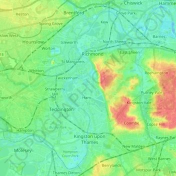 Carte topographique London Borough of Richmond upon Thames, altitude, relief