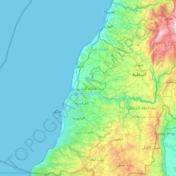 Carte topographique Gouvernorat du Liban Sud, altitude, relief