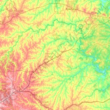 Carte topographique Amelia County, altitude, relief