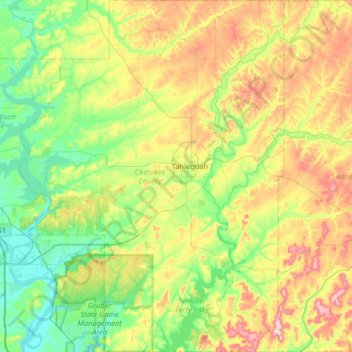 Carte topographique Cherokee County, altitude, relief
