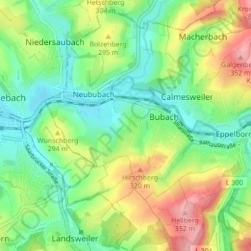 Carte topographique Bubach-Calmesweiler, altitude, relief