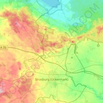 Carte topographique Strasburg (Uckermark), altitude, relief