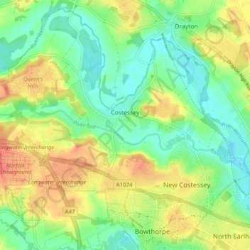 Carte topographique Costessey, altitude, relief