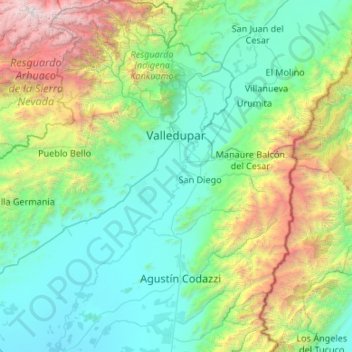 Carte topographique Valledupar, altitude, relief