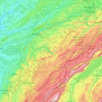 Carte topographique Doubs, altitude, relief