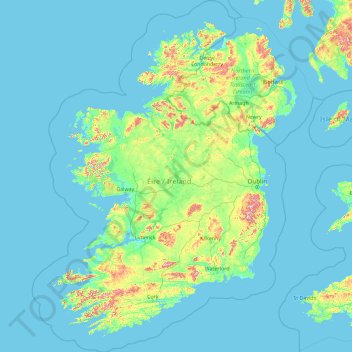 Carte topographique Irlande, altitude, relief