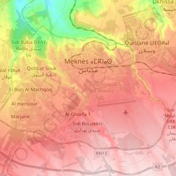 Carte topographique Meknès, altitude, relief
