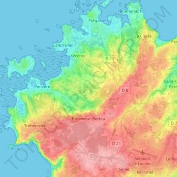 Carte topographique Pleumeur-Bodou, altitude, relief