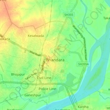 Carte topographique Bhandara City, altitude, relief