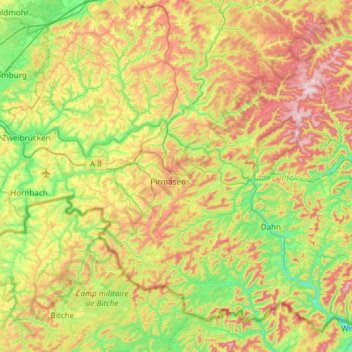 Carte topographique Arrondissement du Palatinat-Sud-Ouest, altitude, relief