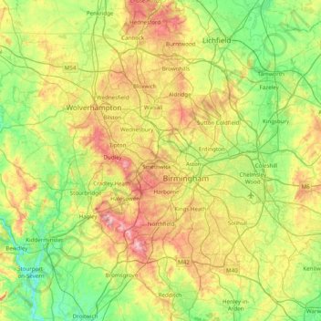 Carte topographique West Midlands, altitude, relief