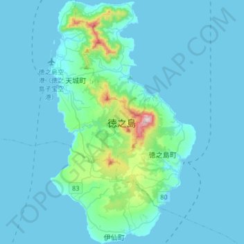 Carte topographique Tokunoshima, altitude, relief