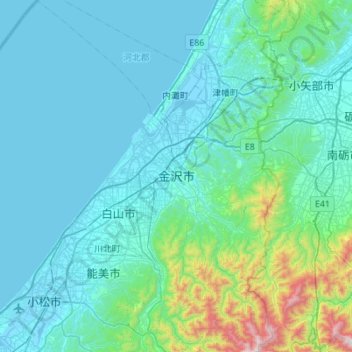 Carte topographique Kanazawa, altitude, relief