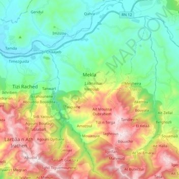 Carte topographique Mekla, altitude, relief