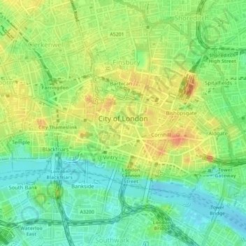 Carte topographique Cité de Londres, altitude, relief