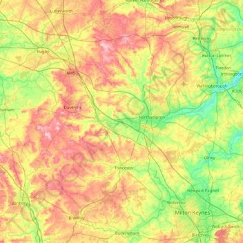Carte topographique West Northamptonshire, altitude, relief