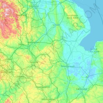 Carte topographique East Midlands, altitude, relief