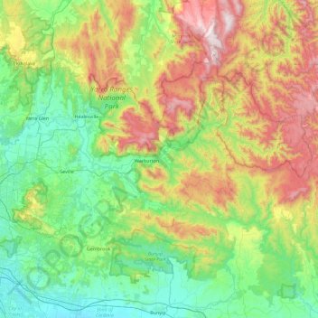 Carte topographique Shire of Yarra Ranges, altitude, relief