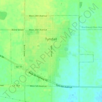 Carte topographique Tyndall, altitude, relief