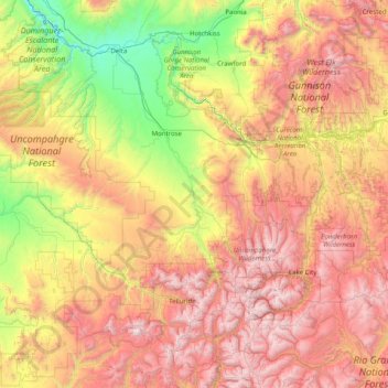 Carte topographique Uncompahgre National Forest, altitude, relief