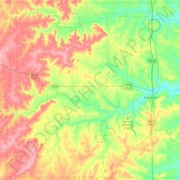 Carte topographique Bourbon County, altitude, relief