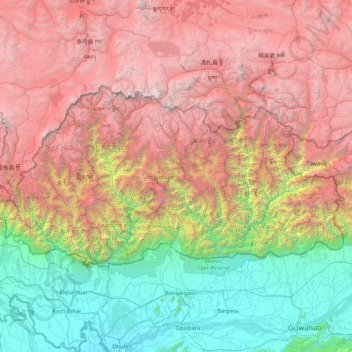 Carte topographique Bhoutan, altitude, relief