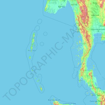 Carte topographique Mer d'Andaman, altitude, relief
