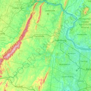 Carte topographique Loudoun County, altitude, relief