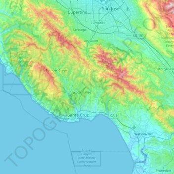Carte topographique Santa Cruz County, altitude, relief
